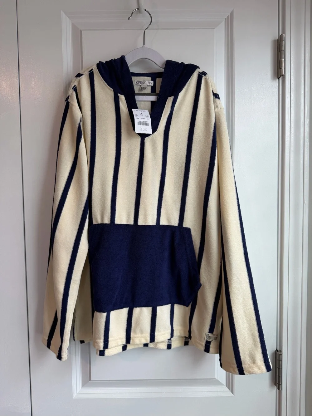 J. Crew Crewcuts Kids Hooded Pullover Towel Terry Cream Blue Stripes NWT Size XL